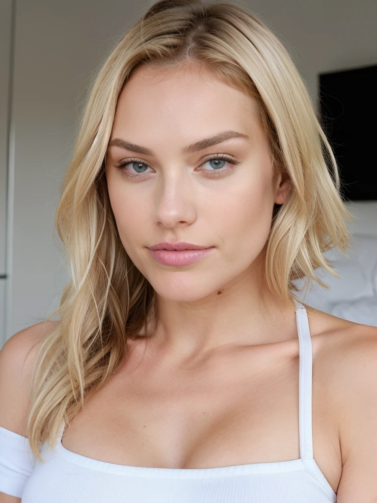 Femme blonde 8k avec un soutif blanc sans pentalon