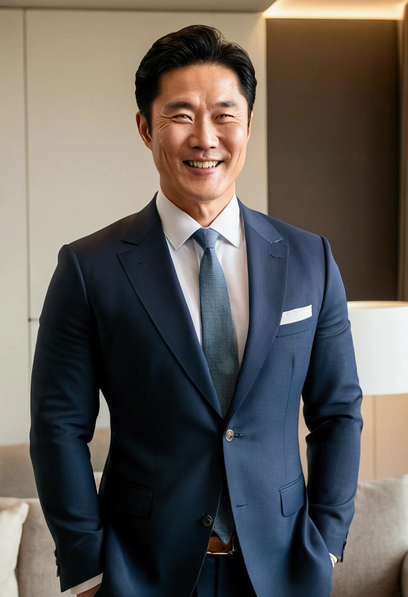 A distinguished, muscular and toned, middle-aged, Korean man with a warm smile, standing in a modern, elegantly furnished apartment in Seoul, South Korea. He has short, neatly styled black hair, and wears a tailored suit with an open-collar shirt, exuding both professionalism and approachability. 