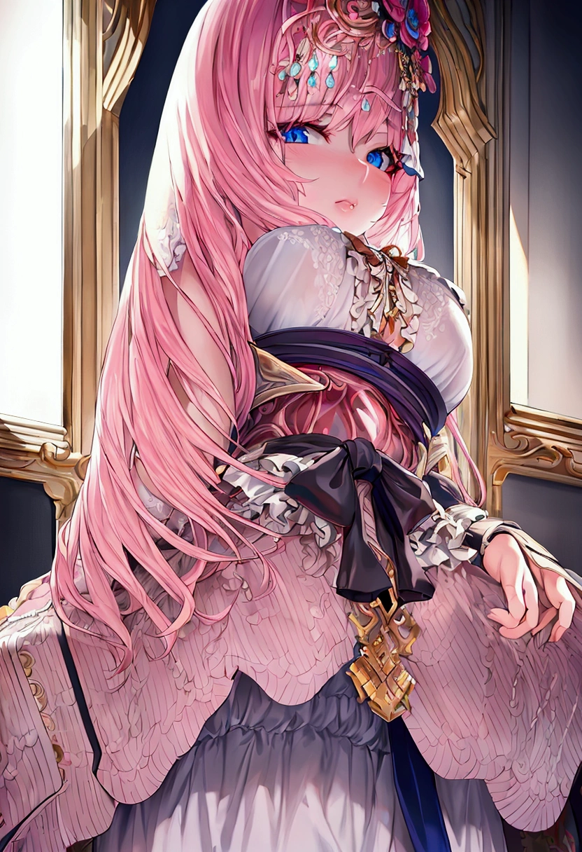 (finely detailed nude sexy beautiful eyes and detailed face,masterpiece sidelighting,masterpiece,best quality,detailed,high resolution illustration),, (1girl,whole body,bishoujo,lustrous skin,looking down,looking at viewer),, (pink hair,blue eyes,ribbon,hanbok, korean clothes), (clothed_underbust:1.2),underboob,