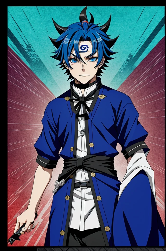 Make me a kimetsu no yaiba style demon card, blue haired man