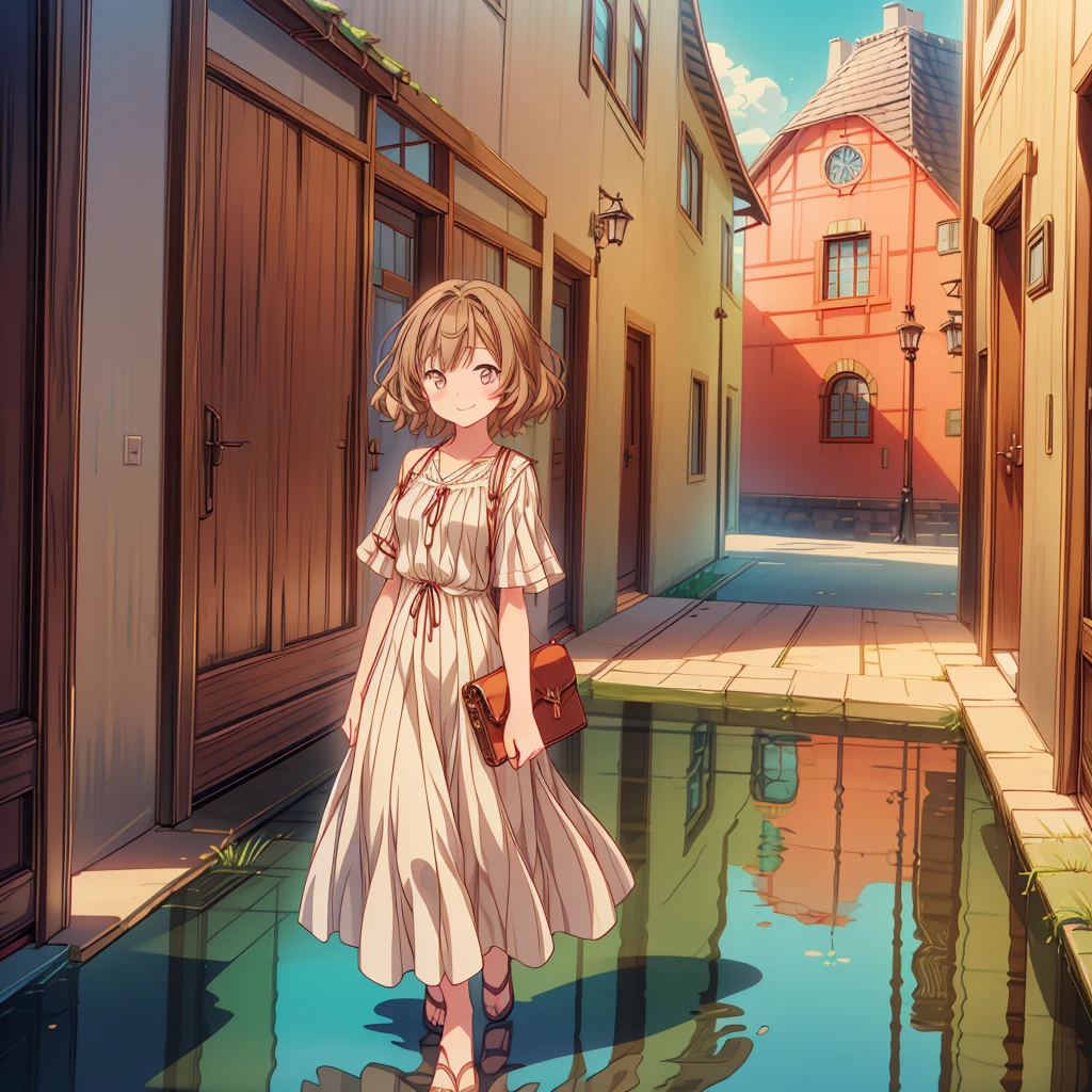 1girl,(anime coloring:1.2), best quality, looking at viewer, happy smile,short wavy hair, chestnut hair, feminine,(solid Maxi dress), (Light brown color Short sleeve Maxi dress:1.3),Medieval Europe,Ancient Village,((Fantasy)),900s AD,lively square,