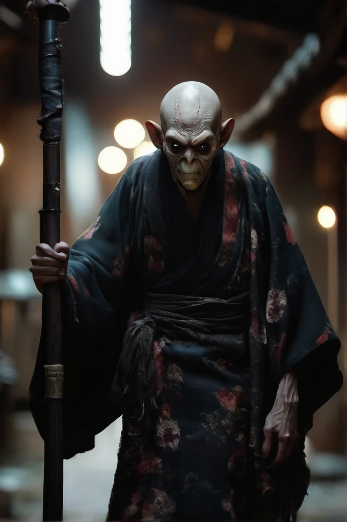 8k、Ultra HD、Horror-themed movie stills,夜の町の中央にCreepyに立っている、A short, skinny, bald old man wearing a traditional Japanese kimono with narrow eyes and a large head、Alien head shape、Carrying a walking stick、Shallow depth of field, Vignette, Very detailed, High budget, Bokeh, CinemaScope, Sulky, amazing, nice, Film Grain, granular . Creepy, Anxious, dark, Creepyな, Suspenseful, strict, Very detailed