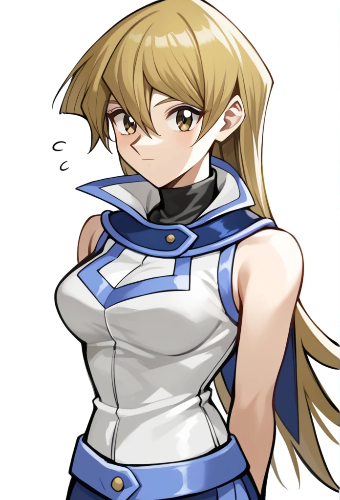 score_9,score_8_up,score_7_up,1girl, arm_behind_back, blonde_hair, brown_eyes, closed_mouth, cropped_torso, duel_academy_uniform_\(yu-gi-oh!_gx\), hair_between_eyes, highres, medium_breasts, simple_background, sketch, sleeveless_jacket, solo, straight_hair, tenjouin_asuka, turtleneck, very_long_hair, white_background, white_jacket