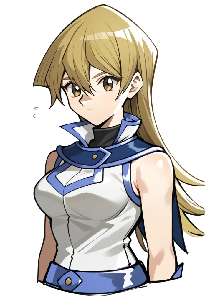 score_9,score_8_up,score_7_up,1girl, arm_behind_back, blonde_hair, brown_eyes, closed_mouth, cropped_torso, duel_academy_uniform_\(yu-gi-oh!_gx\), hair_between_eyes, highres, medium_breasts, simple_background, sketch, sleeveless_jacket, solo, straight_hair, tenjouin_asuka, turtleneck, very_long_hair, white_background, white_jacket