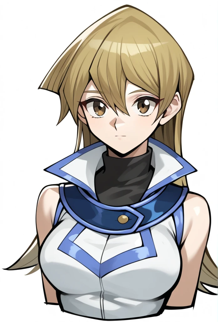 score_9,score_8_up,score_7_up,1girl, arm_behind_back, blonde_hair, brown_eyes, closed_mouth, cropped_torso, duel_academy_uniform_\(yu-gi-oh!_gx\), hair_between_eyes, highres, medium_breasts, simple_background, sketch, sleeveless_jacket, solo, straight_hair, tenjouin_asuka, turtleneck, very_long_hair, white_background, white_jacket