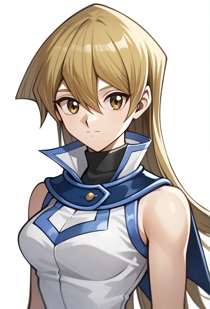 score_9,score_8_up,score_7_up,1girl, arm_behind_back, blonde_hair, brown_eyes, closed_mouth, cropped_torso, duel_academy_uniform_\(yu-gi-oh!_gx\), hair_between_eyes, highres, medium_breasts, simple_background, sketch, sleeveless_jacket, solo, straight_hair, tenjouin_asuka, turtleneck, very_long_hair, white_background, white_jacket