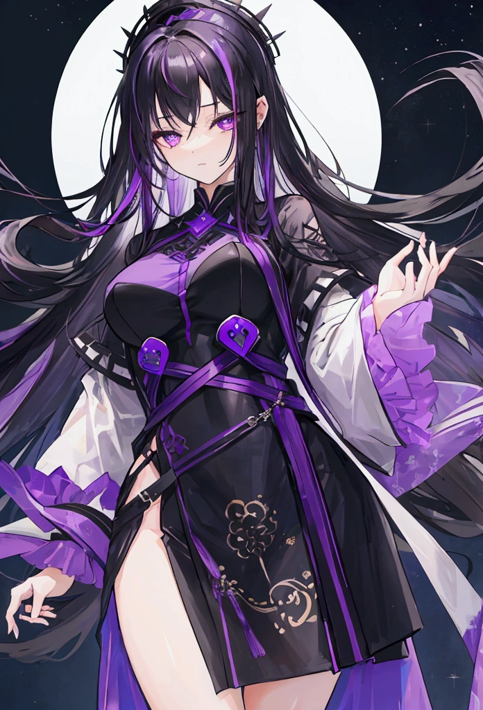 young woman with long, flowing black hair that has purple highlights. She has deep violet eyes and a serene expression.She has rectangular body figure and short body stature. She is wearing an elegant black outfit. 