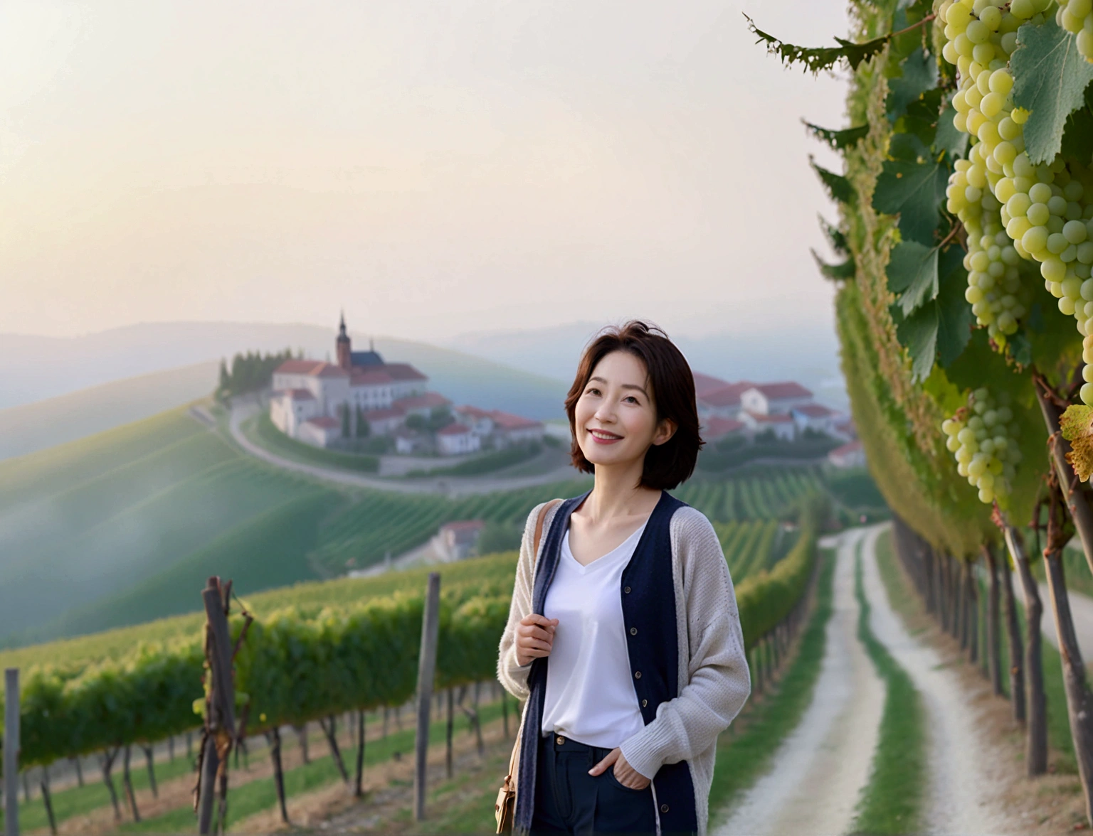 8k best picture quality, Beautiful 36-year-old Korean woman, Chest size 34 inches, northern italy countryside dawn, View of the cathedral next to the vineyards, The back background is realistic and vivid quality., Short hair, High-end luxury brand white shirt and cardigan, Wear casual pants, Smile slightly. the background is clear, It is spring, when grapes have not yet ripened. Standing on a hill on a curved path overlooking a vineyard covered in thick fog, Clear picture quality, Wear high-end luxury brand sunglasses, sunglasses with clear lines, Spring landscape without grapes, Well-groomed hair, Pretty and beautiful like a model, wearing a short cardigan. Well-groomed hair, Dress modestly