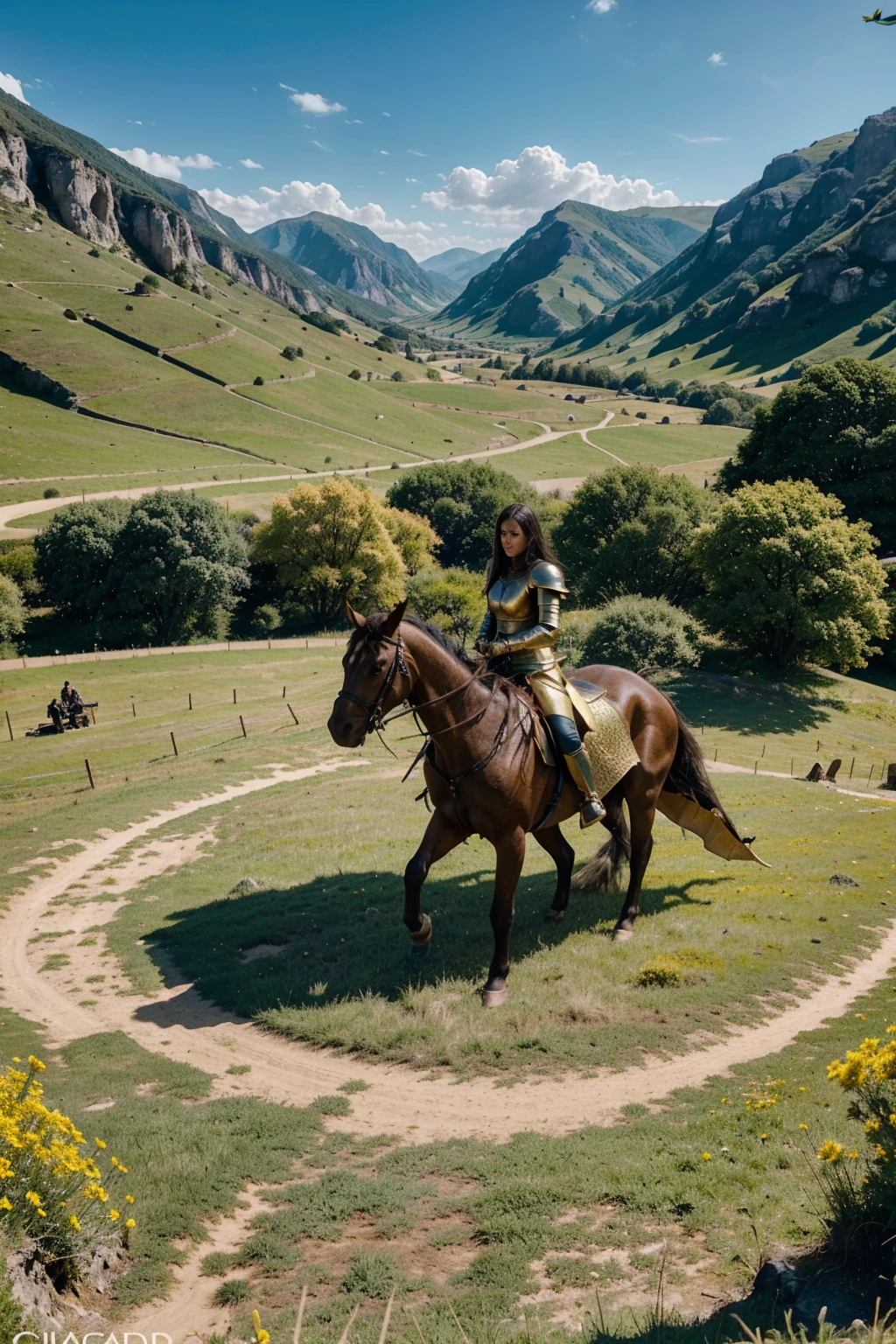 "Show a dynamic scene of a war between assassins and dragons, embedded in an idyllic, golden landscape, which gives the impression of an ordinary day. The sun is high in the sky and bathes everything in a warm, golden light. The scenery takes place in a picturesque hilly landscape, with green meadows and blooming flowers, swaying in the gentle breeze. On a hill, assassins stand in dark, but elegant armor, their weapons ready for battle. Majestic dragons circle in the air, whose scaly skin shines in the sun. Despite the epic battle, the environment exudes a peaceful, almost fairytale atmosphere. The colors should be vibrant and warm, with strong green and gold tones, that liven up the scene. This picture is intended to represent the contrast between everyday life and the extraordinary battle, which takes place in the middle of this golden landscape."