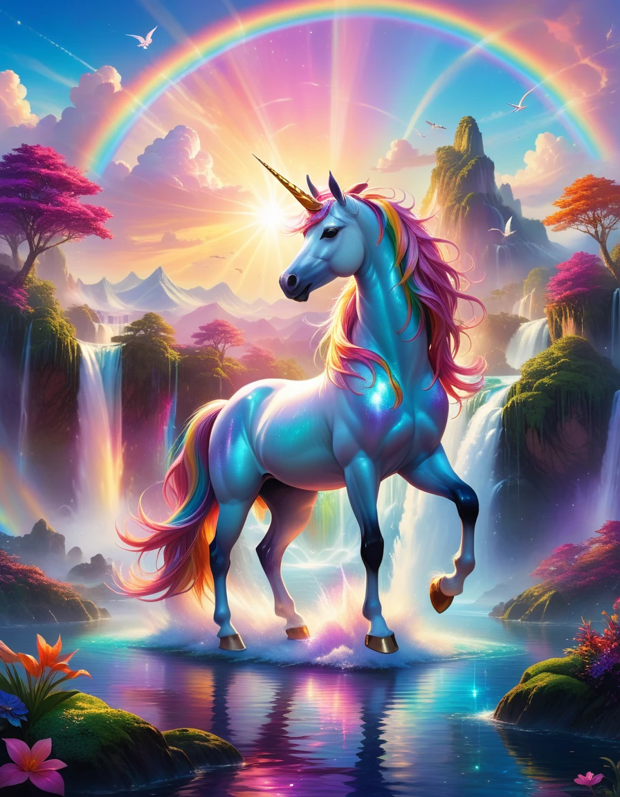 masterpiece, best quality, Very detailed, HD, HDR, Practical, depth, Delicate texture, Super Fine, Completely focused. A majestic unicorn soars above the vibrant, Fantastic sky. The scales sparkle, Rainbow scales reflect the colors of the sunset. Surrounded by floating islands,There are lush ones, Colorful vegetation and cascading waterfalls. Rare birds and other exotic creatures walk alongside unicorns, Adds a sense of wonder and magic. The sky is painted pink, purple, orange, and blue, 蓬松的云朵增添了depth和纹理. light: Ethereal, 柔和的light, Volumetric Lighting, lens flare. color: Vibrant colors, The rainbow scales of a unicorn, Colorful sky., Rainbow color scheme, detail: 鳞片上的复杂detail, Realistic reflection of waterfall water surface, Detailed floating island. atmosphere: mystery, enchanting, Otherworldly, Quiet yet full of life. Scene composition: Unicorn-centric, Surrounded by floating islands and magical creatures, Against the backdrop of a gorgeous sunset sky. Additional Elements: There are sparkles all around the unicorn, Light beams piercing through the clouds, The background is a distant mountain or a fantasy landscape.