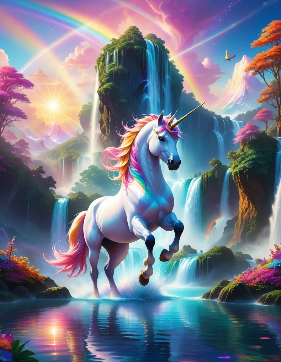 masterpiece, best quality, Very detailed, HD, HDR, Practical, depth, Delicate texture, Super Fine, Completely focused. A majestic unicorn soars above the vibrant, Fantastic sky. The scales sparkle, Rainbow scales reflect the colors of the sunset. Surrounded by floating islands,There are lush ones, Colorful vegetation and cascading waterfalls. Rare birds and other exotic creatures walk alongside unicorns, Adds a sense of wonder and magic. The sky is painted pink, purple, orange, and blue, 蓬松的云朵增添了depth和纹理. light: Ethereal, 柔和的light, Volumetric Lighting, lens flare. color: Vibrant colors, The rainbow scales of a unicorn, Colorful sky., Rainbow color scheme, detail: 鳞片上的复杂detail, Realistic reflection of waterfall water surface, Detailed floating island. atmosphere: mystery, enchanting, Otherworldly, Quiet yet full of life. Scene composition: Unicorn-centric, Surrounded by floating islands and magical creatures, Against the backdrop of a gorgeous sunset sky. Additional Elements: There are sparkles all around the unicorn, Light beams piercing through the clouds, The background is a distant mountain or a fantasy landscape.