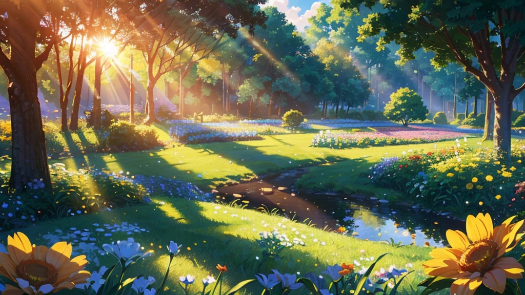 Fluffy white clouds floating in the blue sky,warm colours reflecting the sun,Above the garden is a green pasture, The scene is peaceful, floral flowers colorful,Sunlight shines through the dense tree canopy, Casting hot natural heat, Bell, reality, high-quality images, 8k, high détail, Perfect precision, perfect composition, Elegant and charming, realistic styling, warm colours, softshadows, sharp details , high definition quality , louder lighting style