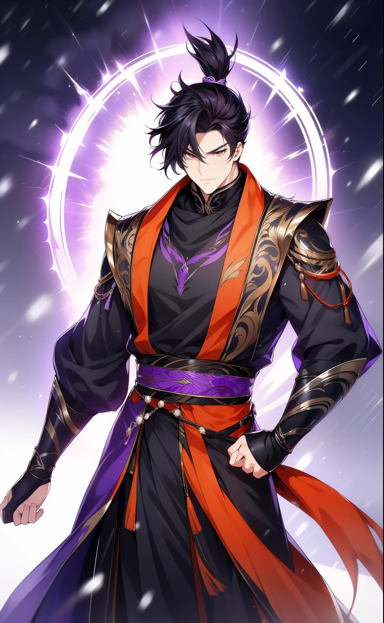 the only person，Libido boy，disheveled black hair , Orange eyes , purple martial arts uniform , Fighting posture，purple aura，lightning effects，Snowy background , Snowy wasteland background, Martial arts costumes , 1male people , Complicated details , perfect generation , male people , musculous , poncho，red magic vortex，