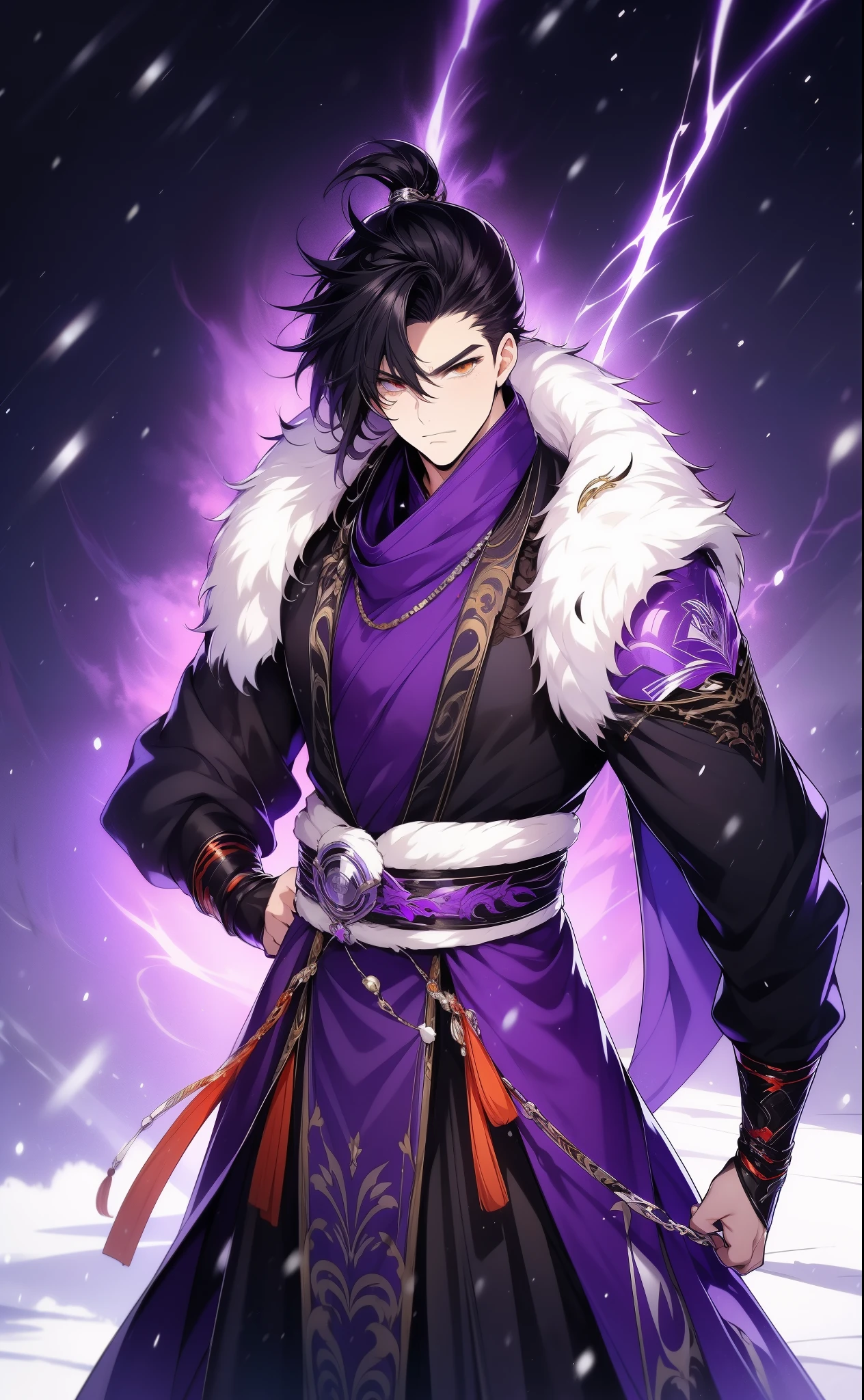 the only person，Libido boy，disheveled black hair , Orange eyes , purple martial arts uniform , Fighting posture，purple aura，lightning effects，Snowy background , Snowy wasteland background, Martial arts costumes , 1male people , Complicated details , perfect generation , male people , musculous , poncho，red magic vortex，