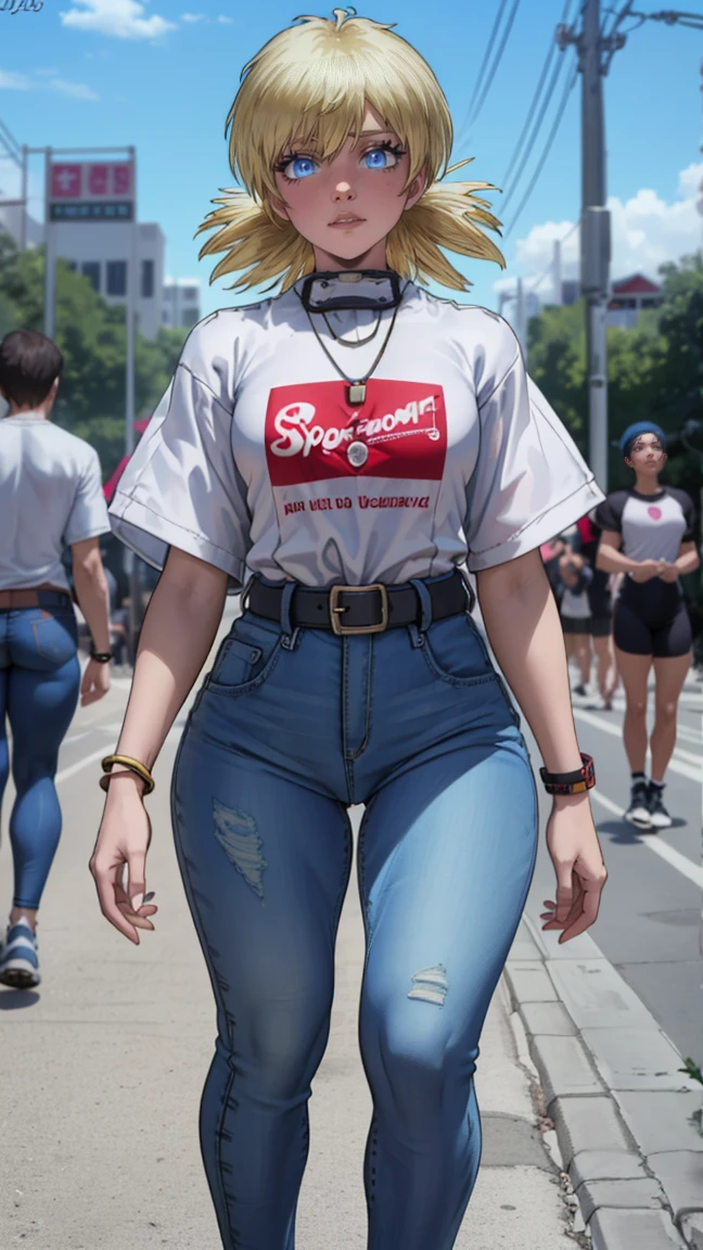 (looking forward)、(high-level image quality、high quality、high resolution、details、masterpiece, I am 24 years old、Smile at the camera、(A pure Japanese hairstyle with a beautiful hairpin)、、(be thin:1.2)、(Small:1.2)、(wearing urban t-shirt, sports jeans)、She wears a necklace, bracelets and a kimono-style belt garter, sports shoes, the pose is so cute and pleasant, thick figure, focus on her curves, looking forward at viewer, full body posing, looking forward, looking at viewer, detailed blue eyes, blonde hair, perfect face, perfect eyes, detailed face, integrates, integrates hellsing.