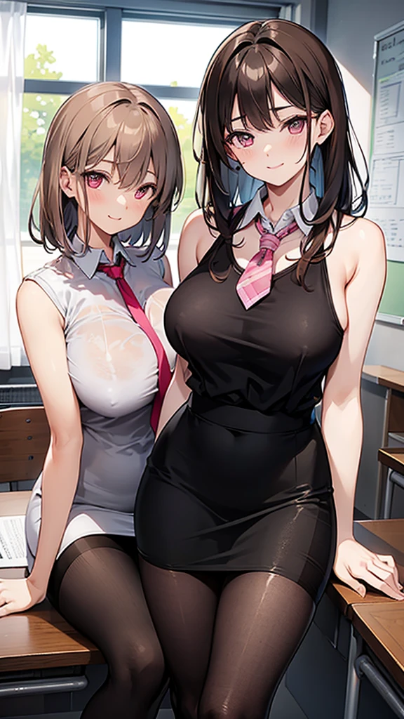 Female, older woman, brown hair, curtained hair, pink eyes, large breasts, thicc, collared shirt, sleeveless, bare arms, pencil skirt, black pantyhose, classroom, hand in hair, smiling, blushing, portrait, masterpiece, best quality