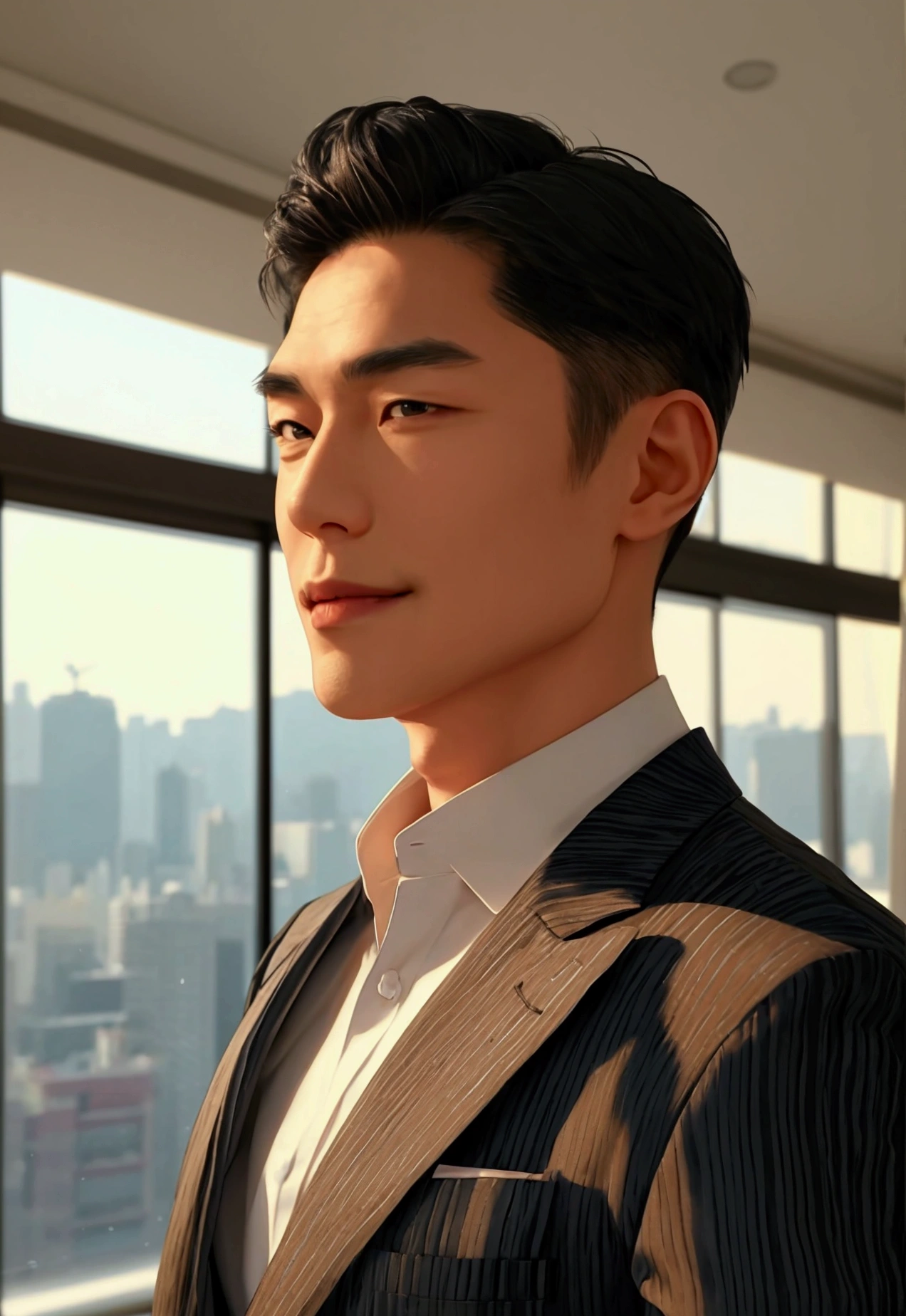 A distinguished, muscular and toned, middle-aged, Korean man with a warm smile, standing in a modern, elegantly furnished apartment in Seoul, South Korea. He has short, neatly styled black hair, and wears a tailored suit with an open-collar shirt, exuding both professionalism and approachability.