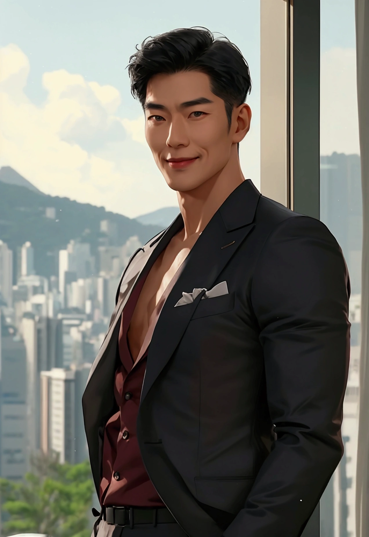 A distinguished, muscular and toned, middle-aged, Korean man with a warm smile, standing in a modern, elegantly furnished apartment in Seoul, South Korea. He has short, neatly styled black hair, and wears a tailored suit with an open-collar shirt, exuding both professionalism and approachability. 