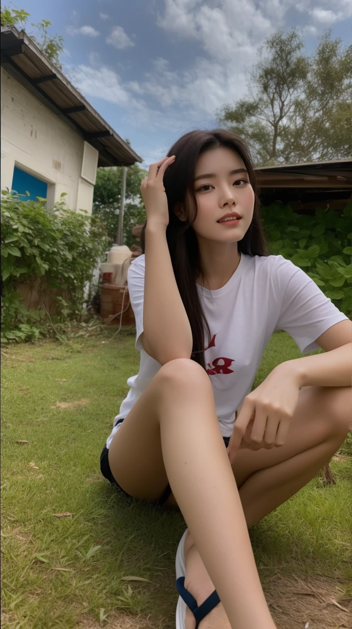 a beautiful woman aged 20 with long hair, was sitting in the yard, wearing a white T-shirt, black shorts, looking at the camera, faint smile, very detailed 8k