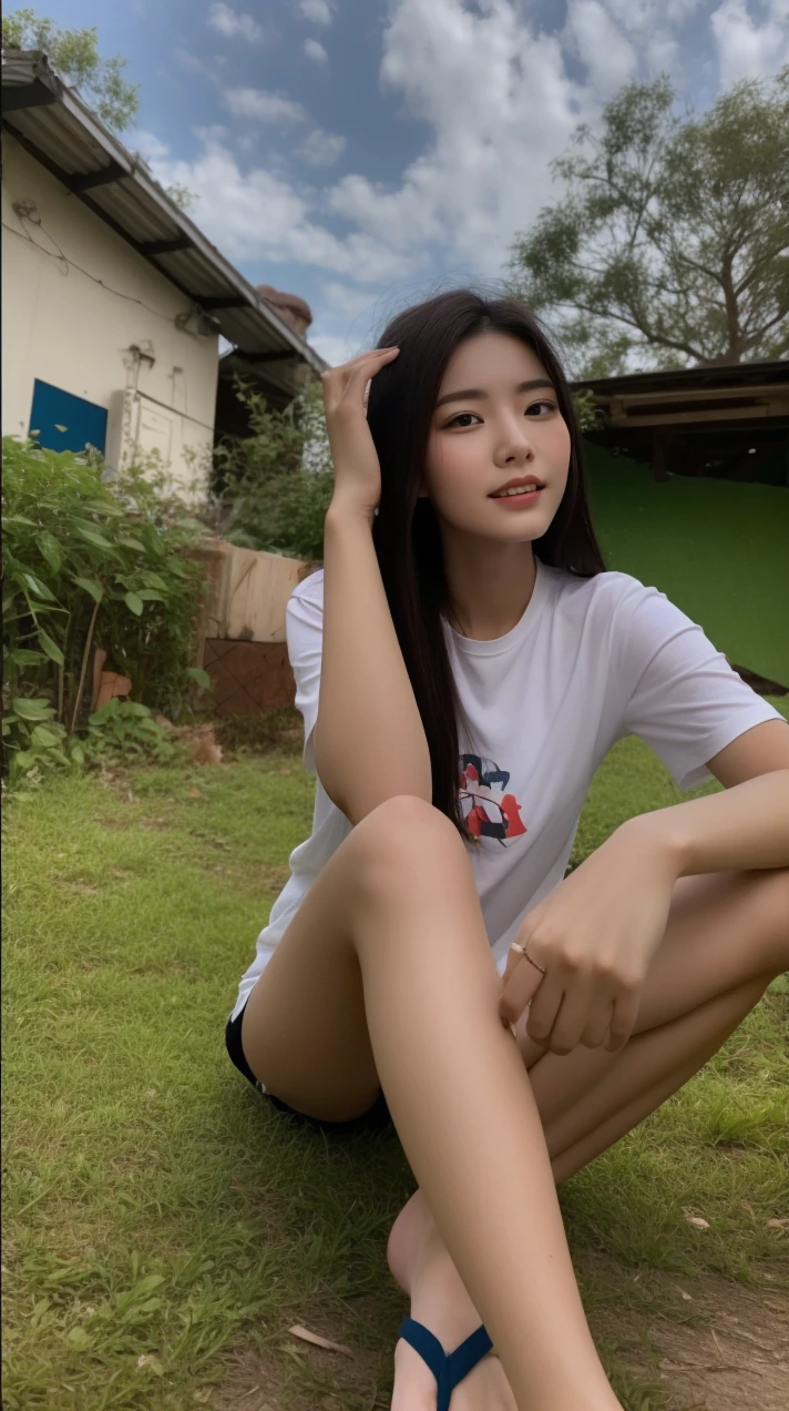 a beautiful woman aged 20 with long hair, was sitting in the yard, wearing a white T-shirt, black shorts, looking at the camera, faint smile, very detailed 8k