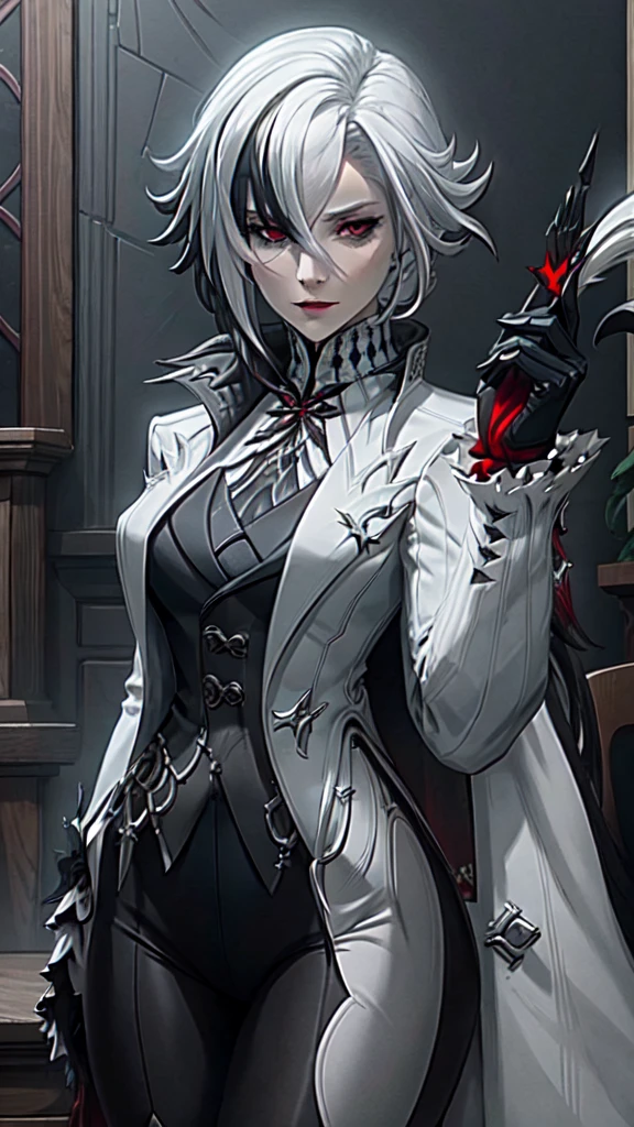 1girl, solo, white hair, black hair, multicolored hair, black eyes, x-shaped pupils, white arle_suit , face focused