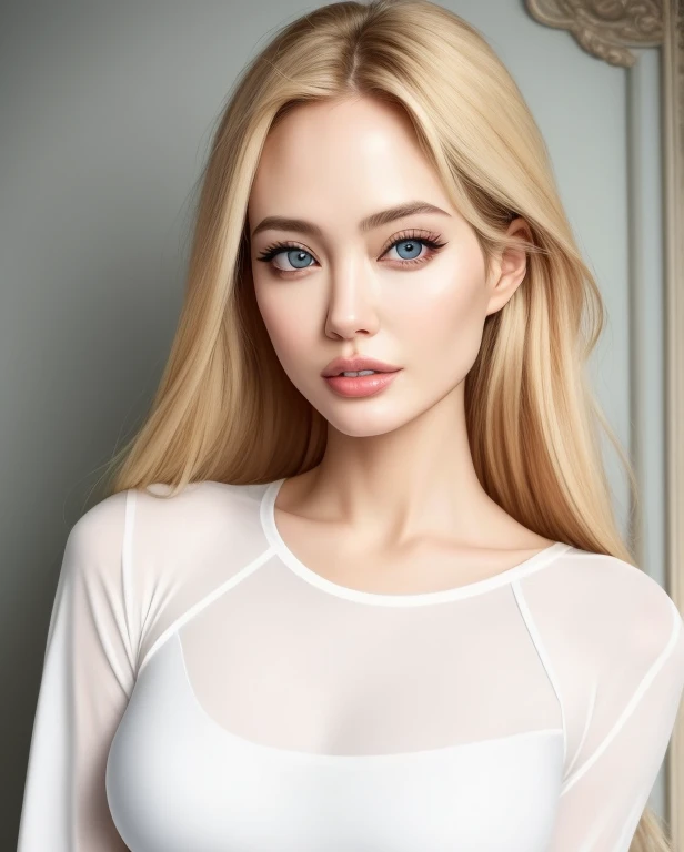 [8k], [Asian face], a close up of a woman wearing a white top and skirt, instagram model, Retrato Sophie Mudd, gorgeous  woman, smooth white tight clothes suit, skin-tight outfit, dressed in a white t-shirt,(精致的面容), (symmetrical face), (symmetric eyes), (clear eyes), (skin fair),  2 4 years old female model, blonde goddess, gorgeous lady, angelina jolie, Brooke Shields, in white clothes,  Pretty Blonde, gorgeous beautiful woman, a gorgeous blonde