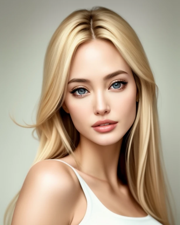 [8k], [Asian face], a close up of a woman wearing a white top and skirt, instagram model, Retrato Sophie Mudd, gorgeous  woman, smooth white tight clothes suit, skin-tight outfit, dressed in a white t-shirt,(精致的面容), (symmetrical face), (symmetric eyes), (clear eyes), (skin fair),  2 4 years old female model, blonde goddess, gorgeous lady, angelina jolie, Brooke Shields, in white clothes,  Pretty Blonde, gorgeous beautiful woman, a gorgeous blonde