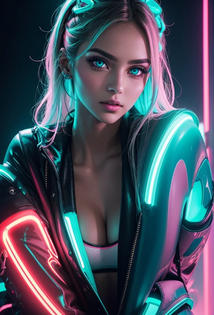 "Portrait of a beautiful woman with large, perfectly defined hazel eyes. His face is illuminated by the light of turquoise neon numbers that partially cover him, creating a futuristic and mysterious effect. Your skin is smooth and luminous, highlighting the beauty of your features. Her lips, thick and sensual, they are slightly broken, adding a touch of realism and character. The illumination of the neon numbers creates soft shadows that emphasize the bone structure of your face, giving it an ethereal and captivating appearance."