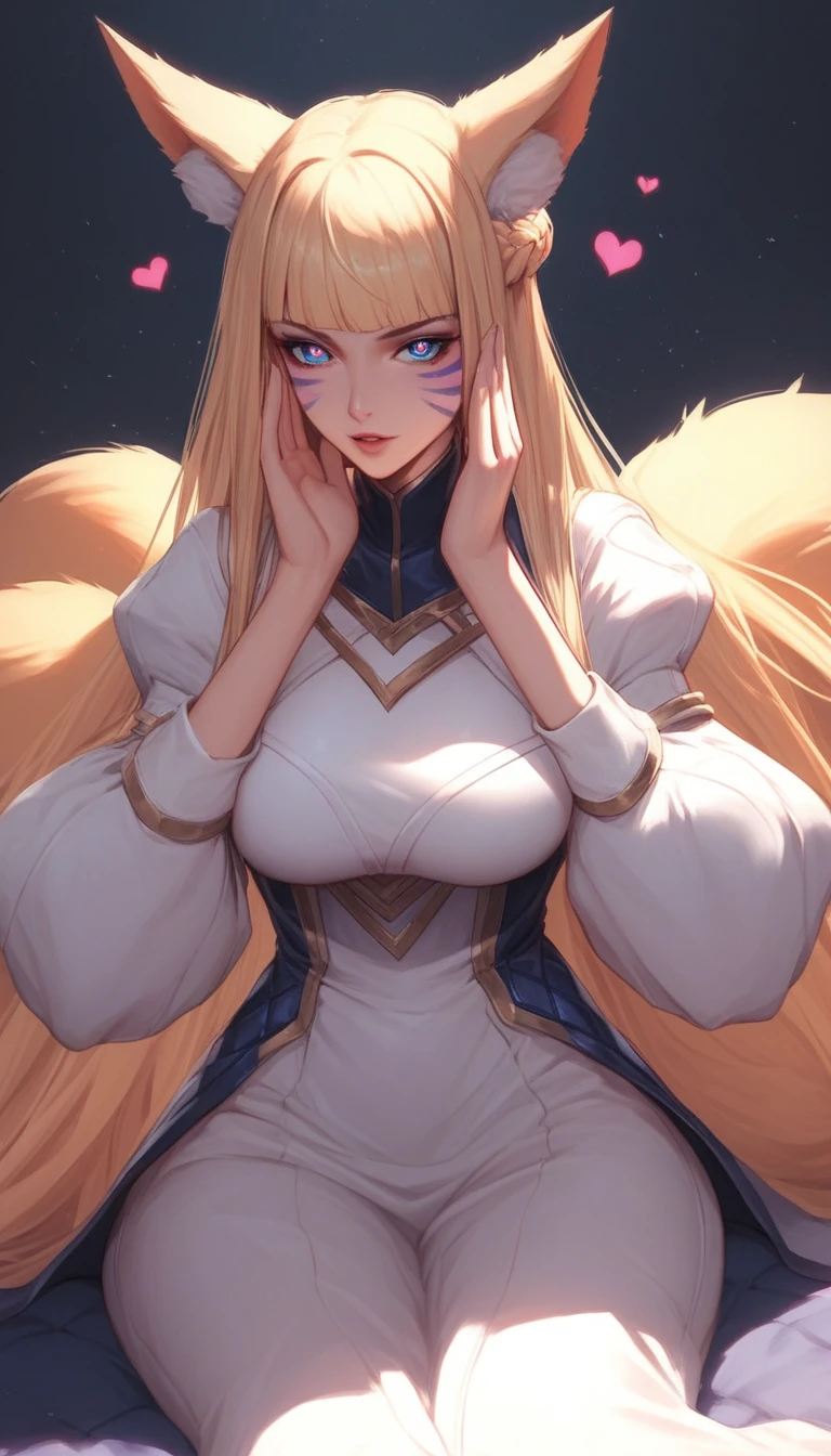 1 beautifull kitsune queen, hands behind, hairs covering ears,blonde hairs, french braid, hair hide ear, hime cut, very long hair, heart-shaped pupils, animal ears,european face, fox ears,"long orange fox ears with black tips", covering ears, kemonomimi mode,tail emanating(9 tails fox),huge , large hips,((fully clothed)),miku clothes, anatomically correct, traditional temple, facing viewer,action pose,solo,long hair,looking at viewer,blue eyes,large breande hair,long sleeves,hair ornament,animal ears,sitting,parted lips,puffy sleevox ears,facial mark,juleeves,whisker markings,k/da \(league of legends\),sensitive,very aesthetic,absurdres,newest,masterpiece,score_9,score_8_up,score_7_up,score_6_up,score_5_up,score_4_up
