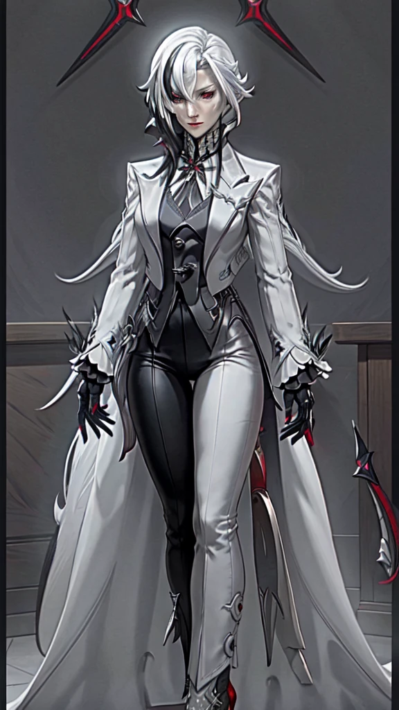 1girl, solo, white hair, black hair, multicolored hair, black eyes, x-shaped pupils, white arle_suit , face focused heels,