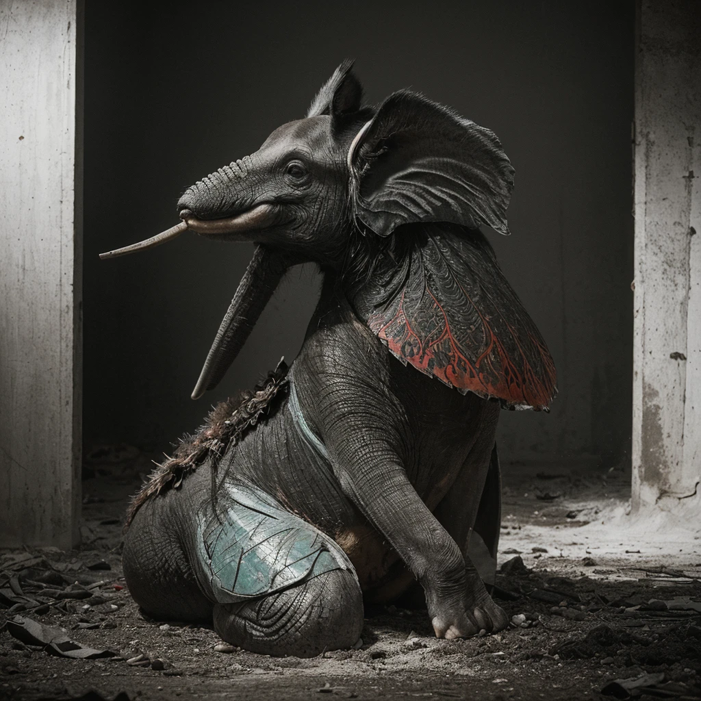 A captivating fine art photograph in black and lot of white, with striking splashes of red, green, and black. The focal point is an antique, colorful fish with elephant legs, dressed in a shimmering outfit and adorned with intricate fur arm and dust legs. The fish sits majestically atop the head of a dog, evoking a post-apocalyptic ambiance. The minimal, moody background enhances the surreal and otherworldly atmosphere, transporting the viewer to a fantastical realm.