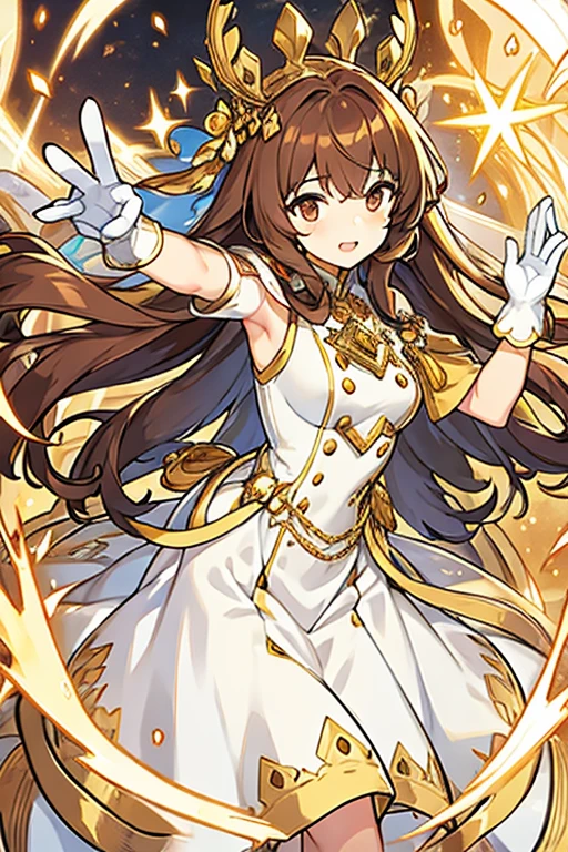 women, long brown hair, Brown eyes, Golden crown, white and gold dress, long white gloves, queen