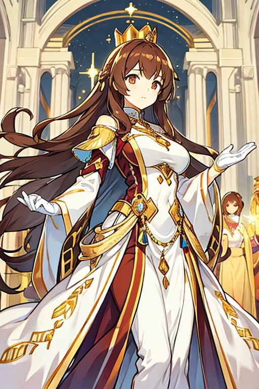 women, long brown hair, Brown eyes, Golden crown, white and gold dress, long white gloves, queen