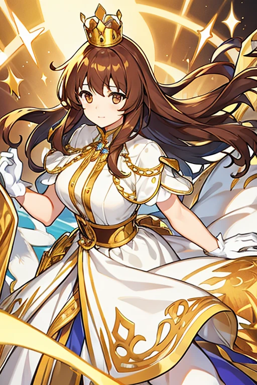 women, long brown hair, Brown eyes, Golden crown, white and gold dress, long white gloves, queen