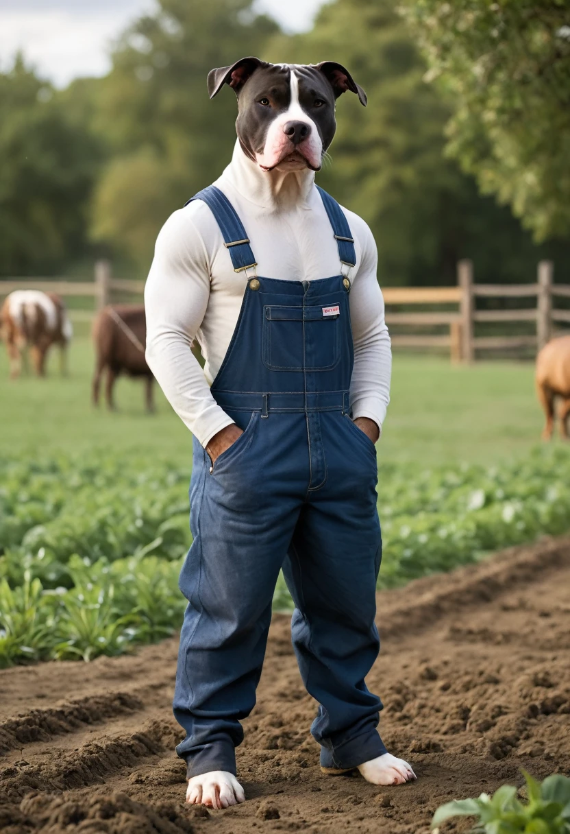 A tall, black and white male Pitbull, standing on a farm in blue overalls