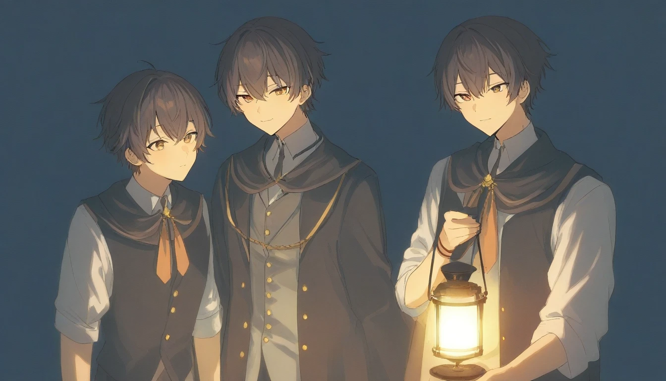 2 brothers,Brother's eyes, the stars in them were purple.,His younger brother's eyes were black.,The older brother wore a black suit and a white shirt. and black stretch pants, The younger brother wore a black shirt and pants as a suit., The older brother is standing and watching the younger brother who is walking in the area.,forest
