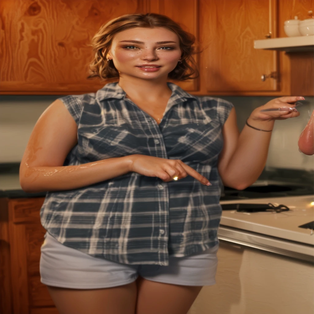 masterpiece, best quality, (extremely detailed CG unity 8k wallpaper), (best quality), (best illustration), (best shadow), absurdres, realistic lighting, (Abyss), beautiful detailed glow, art by PeterMohrBacher, she has cum all over her face and is pointing at a penis, she is not wearing a shirt, she has small perky breasts, cum runs down her leg