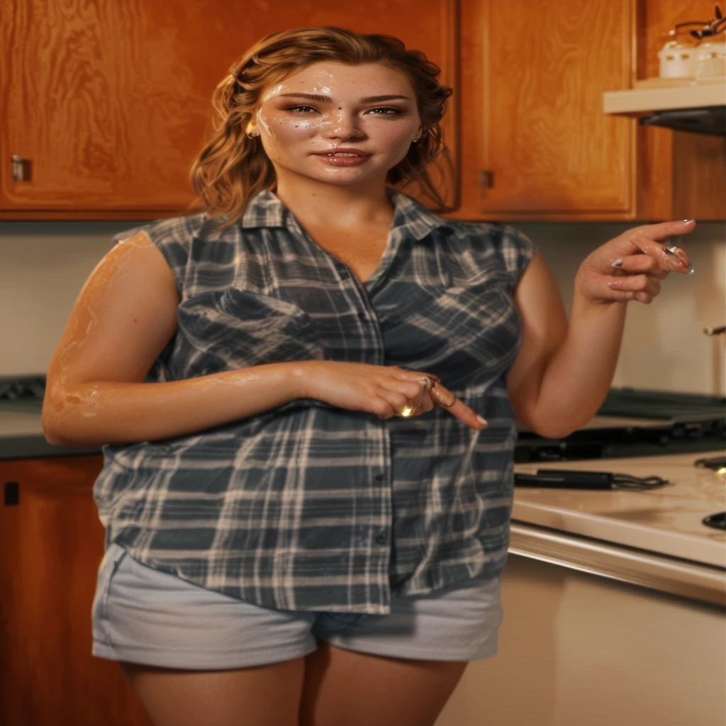 masterpiece, best quality, (extremely detailed CG unity 8k wallpaper), (best quality), (best illustration), (best shadow), absurdres, realistic lighting, (Abyss), beautiful detailed glow, art by PeterMohrBacher, she has cum all over her face and is pointing at a penis, she is not wearing a shirt, she has small perky breasts, cum runs down her leg