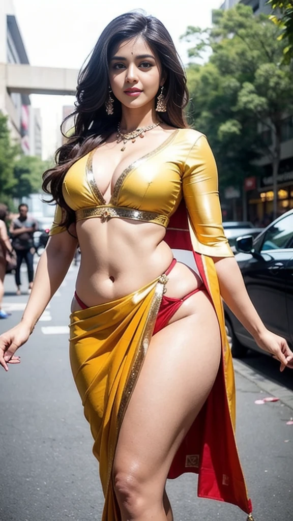 Beautiful south indian supermodel woman, widest waist, big breasts, curvy , thick thighs, smirk, photorealistic, Masterpiece, uhd, masterpiece, highest quality,sexy Saree,curvy,plus size,luxury shopping mall