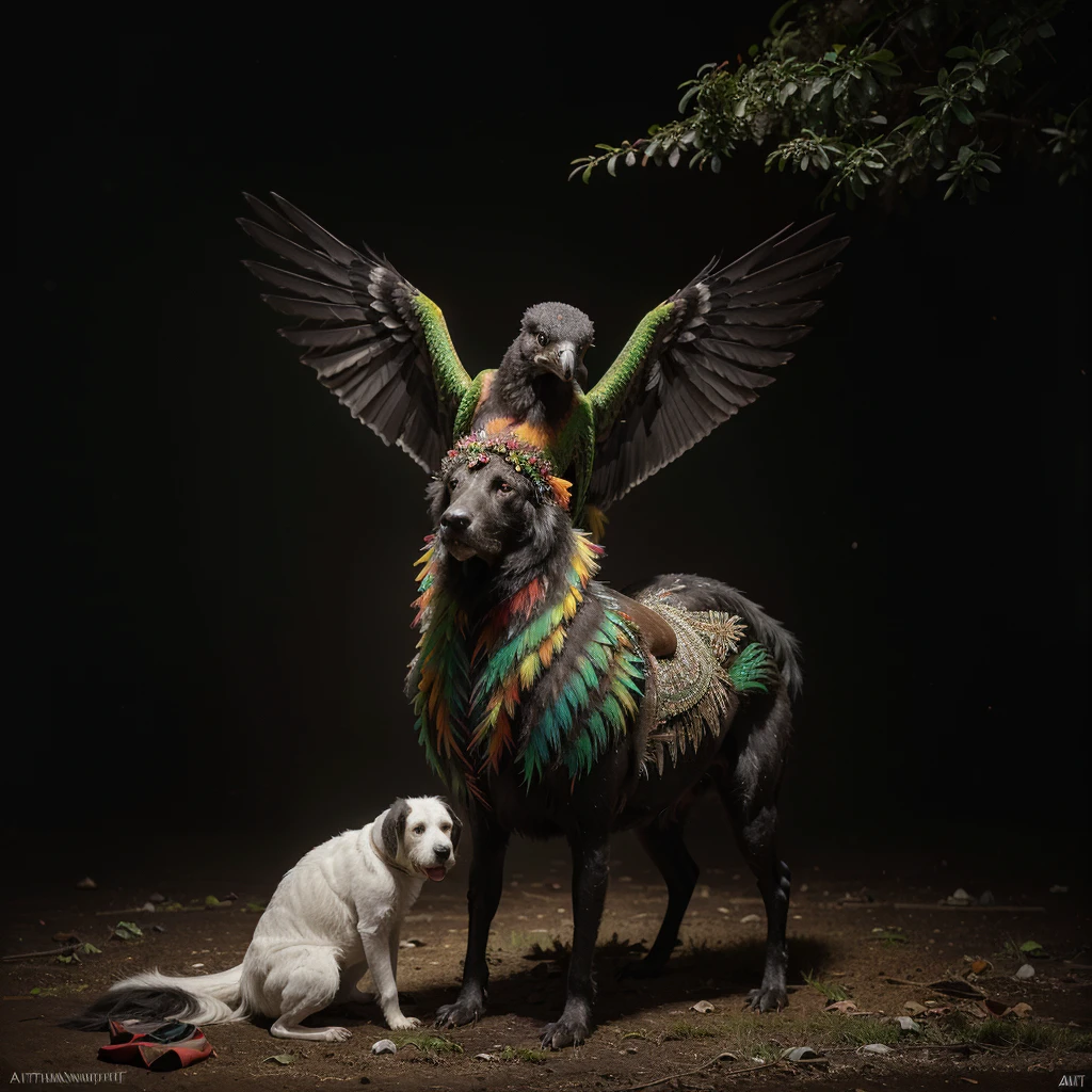 Fine Art, black-white-red-green, high contrast, National Geographic Foto: André Uhlisch - Art, , digital painting of a colorful old bird with glowing legs, in a glittering dress and delicately arranged furry arms and dusty legs,riding on the head of a dog . recorded in the style of post-apocalyptic Fu