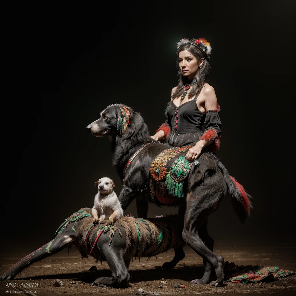 Fine Art, black-white-red-green, high contrast, National Geographic Foto: André Uhlisch - Art, , digital painting of a colorful old bird with glowing legs, in a glittering dress and delicately arranged furry arms and dusty legs,riding on the head of a dog . recorded in the style of post-apocalyptic Fu