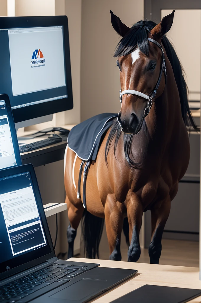 Simple logo of a horse with a human body using a computer