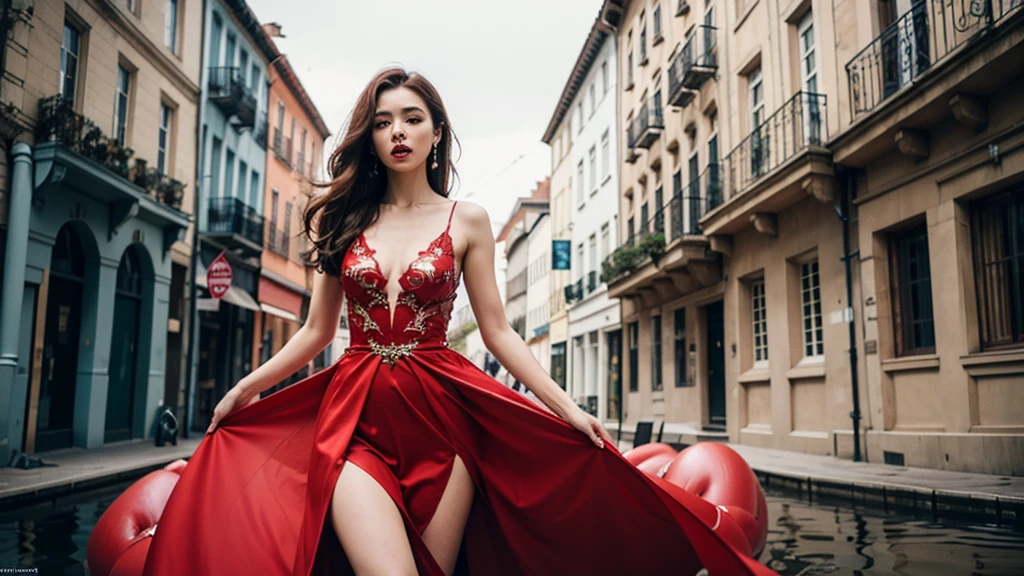 dressart,red dress , floating hair , (floating dress:1.4), (photo art), 1girl, Stunningly Beautiful Girl, Haute_Couture, designer dress, wearing Haute_Couture, posing for a picture, Long shaped face, angry, crazy, dark red eyes, red hair, long ringlets, \(walkway)/ colorful, vivid colors, masterpiece, best quality, absurdres, highest quality, amazing details, 8k, aesthetic,
