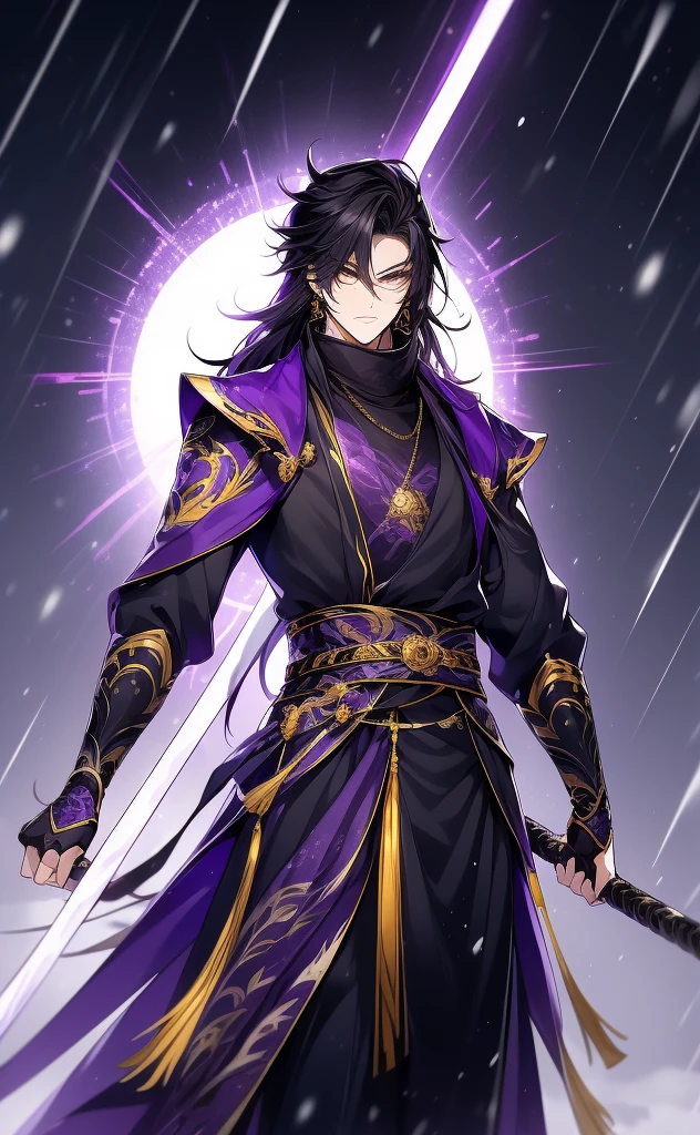 the only person, Libido boy, messy long black hair, golden eyes, purple martial arts uniform, fighting posture, purple aura, lightning effects, snowy background, snowy plain background, martial arts costumes, 1 man, intricate details, perfect generation, man, poncho, red magic vortex, perfect aura, proud,