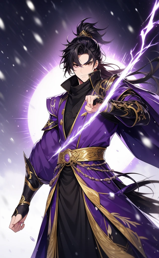 the only person, Libido boy, messy long black hair, golden eyes, purple martial arts uniform, fighting posture, purple aura, lightning effects, snowy background, snowy plain background, martial arts costumes, 1 man, intricate details, perfect generation, man, poncho, red magic vortex, perfect aura, proud,