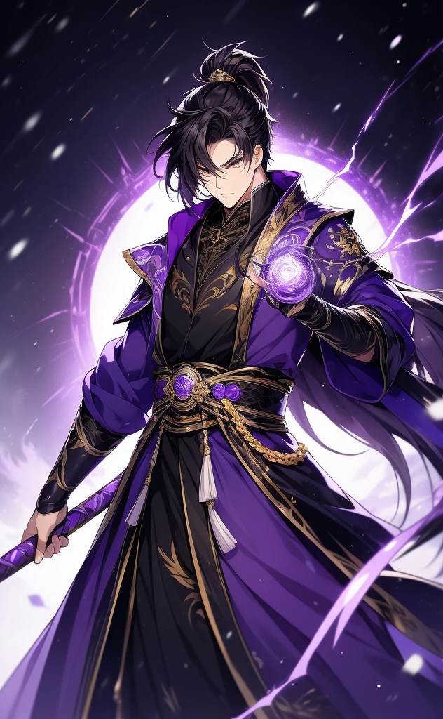 the only person, Libido boy, messy long black hair, golden eyes, purple martial arts uniform, fighting posture, purple aura, lightning effects, snowy background, snowy plain background, martial arts costumes, 1 man, intricate details, perfect generation, man, poncho, red magic vortex, perfect aura, proud,