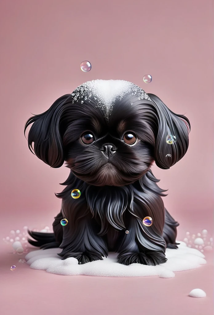 A tiny solid black Shih Tzu puppy covered in shampoo bubbles。A slightly confused look、The key point is the expression of comfort with eyes closed.。