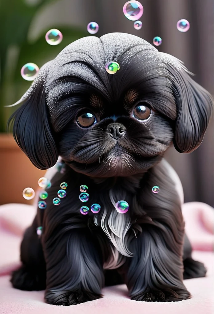A tiny solid black Shih Tzu puppy covered in shampoo bubbles。A slightly confused look、The key point is the expression of comfort with eyes closed.。