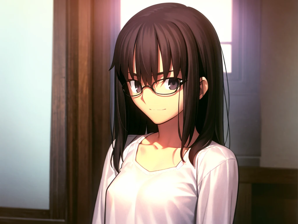 volumetric lighting, ambient lighting, highres, masterpiece, 8k, alone, one woman, melancholy, young adult, black eyes, detailed dark brown hair, long greasy hair, tan skin, skinny body, thick eyebrows, smirking, (wearing worn white camisole), (wearing glasses), small breasts, atletic body