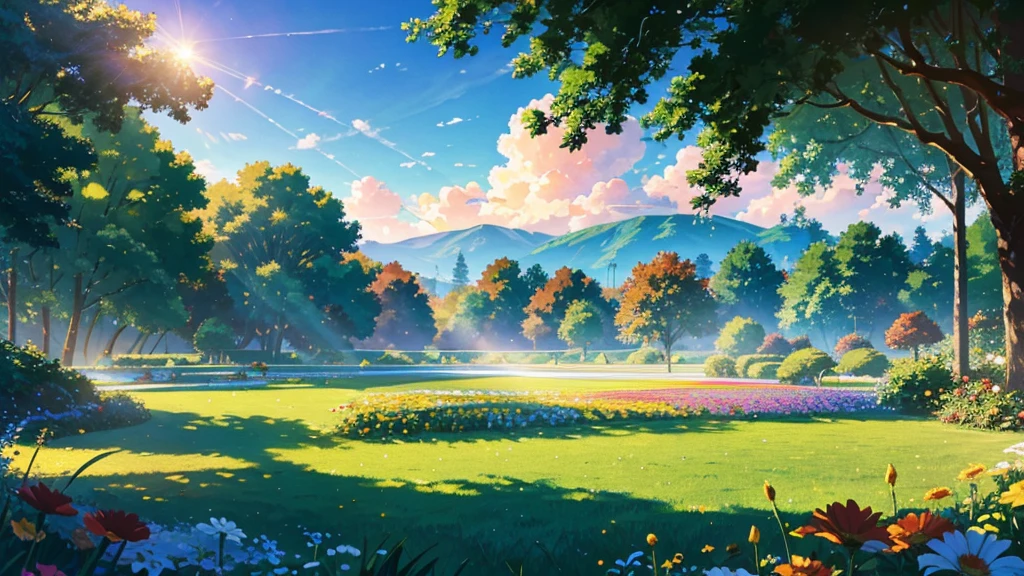  Fluffy white clouds floating in the blue sky，warm colours reflecting the sun，Above the garden is a green pasture, The scene is peaceful, floral flowers colorful,Sunlight shines through the dense tree canopy, Casting hot natural heat, Bell, reality, high-quality images, 8k, high détail, Perfect precision, perfect composition, Elegant and charming, realistic styling, warm colours, softshadows, sharp details , high definition quality , louder lighting style